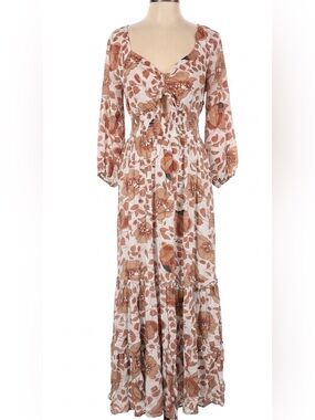 By Anthropologie Brown Floral Tiered Maxi Dress 1X Boho Long Sleeve Front Tie